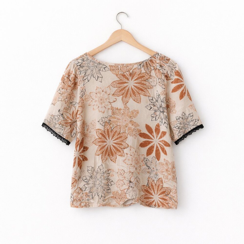 Bobeau Boho Floral Rayon Top Black Lace Trim Blouse S - Picture 3 of 10